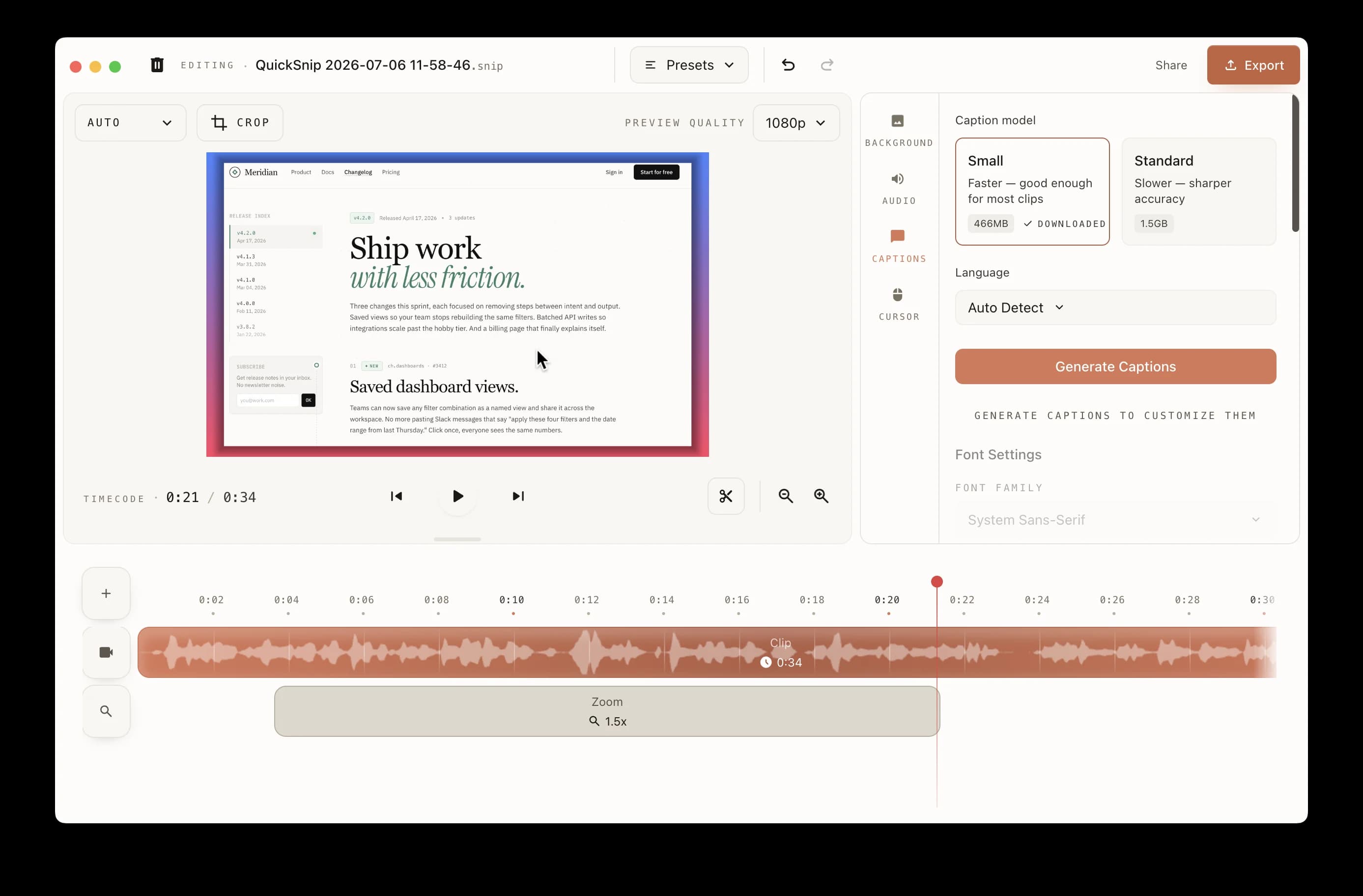 QuickSnip studio editor Captions tab showing transcription model selection, language options, and generate button