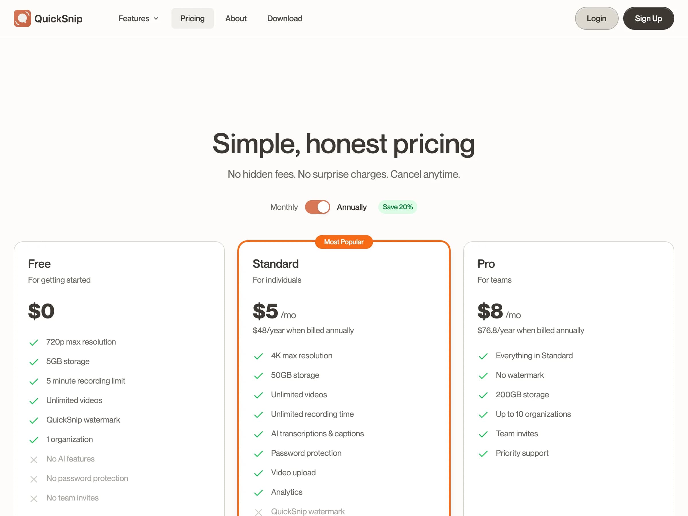 QuickSnip pricing page showing Free, Pro, and Team tiers