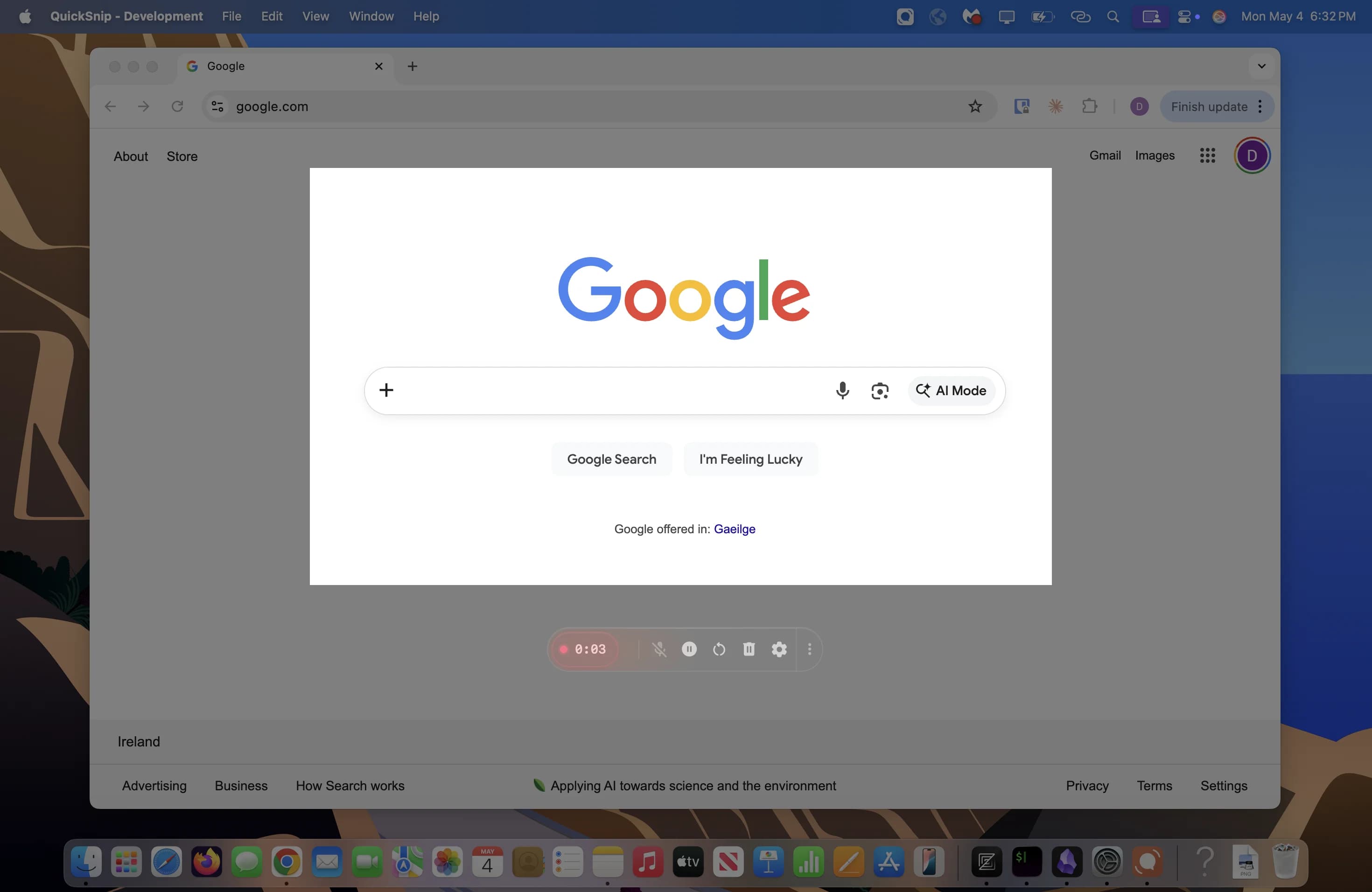 QuickSnip recording in progress showing timer and control bar at the bottom of the screen