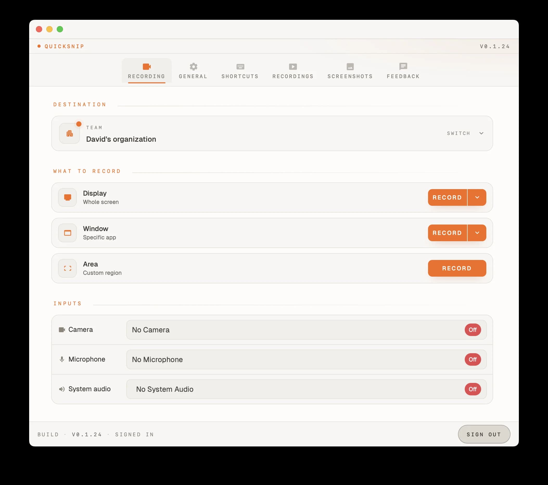 QuickSnip recording panel showing Instant and Studio mode tabs