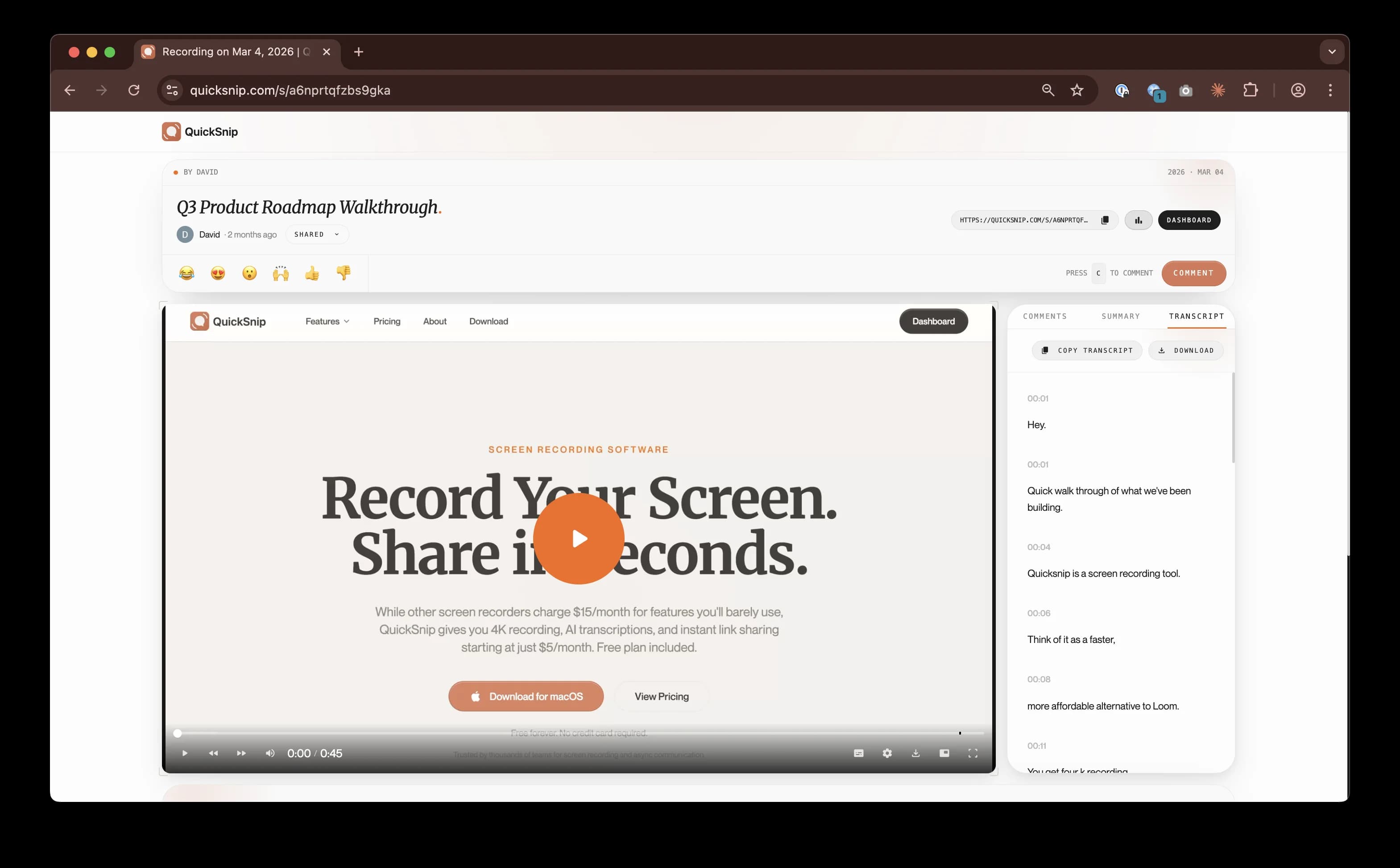 QuickSnip share page with video player, comments sidebar, and transcript tabs