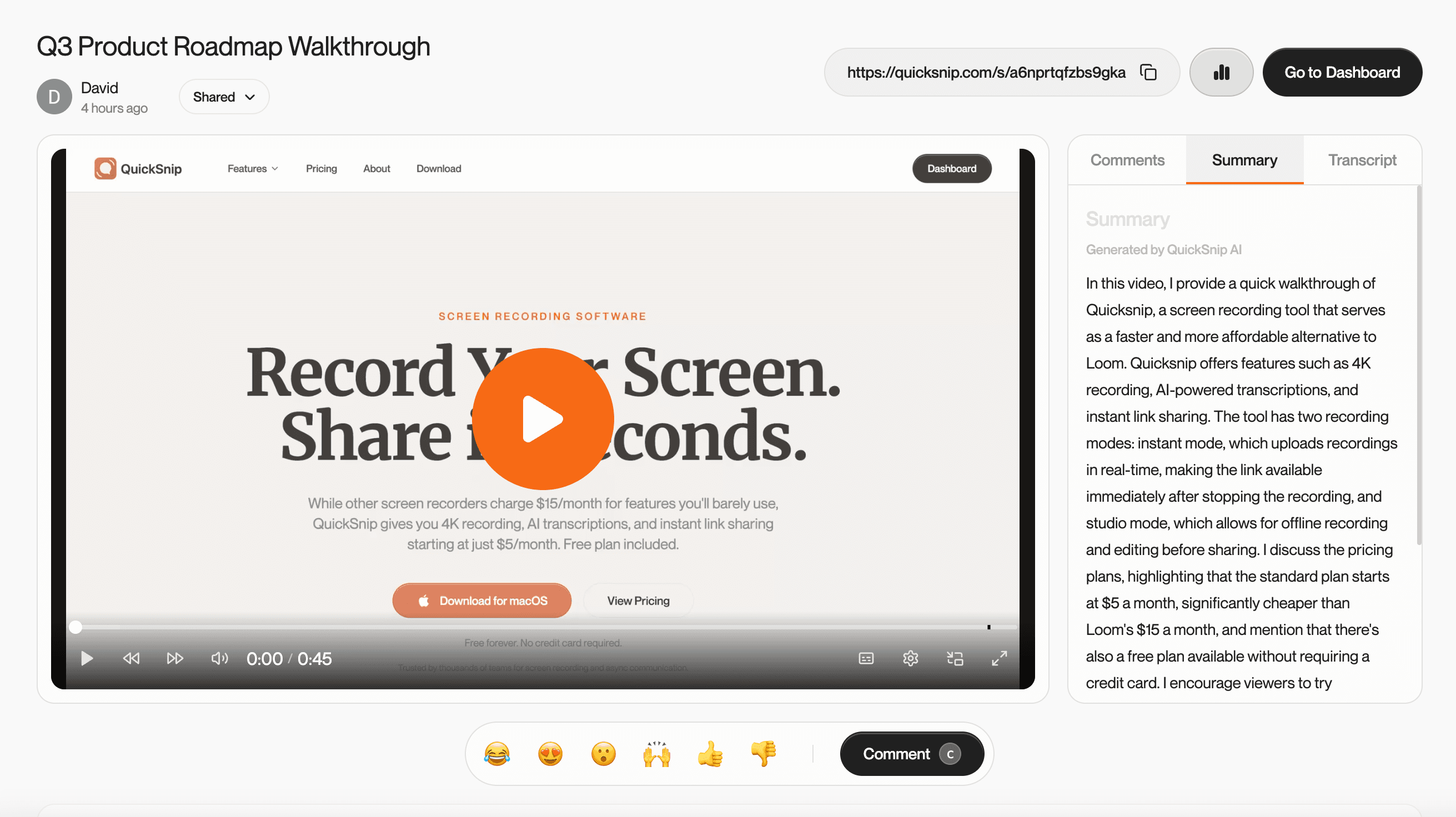 Video share page with AI-generated title, chapter markers, and transcript sidebar