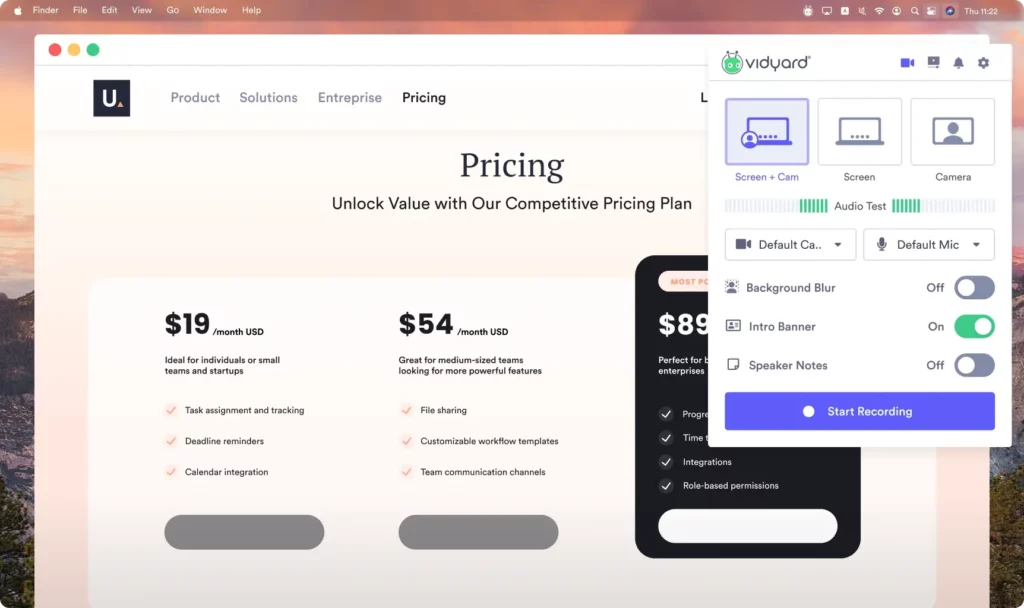 Vidyard recording interface with CTA configuration