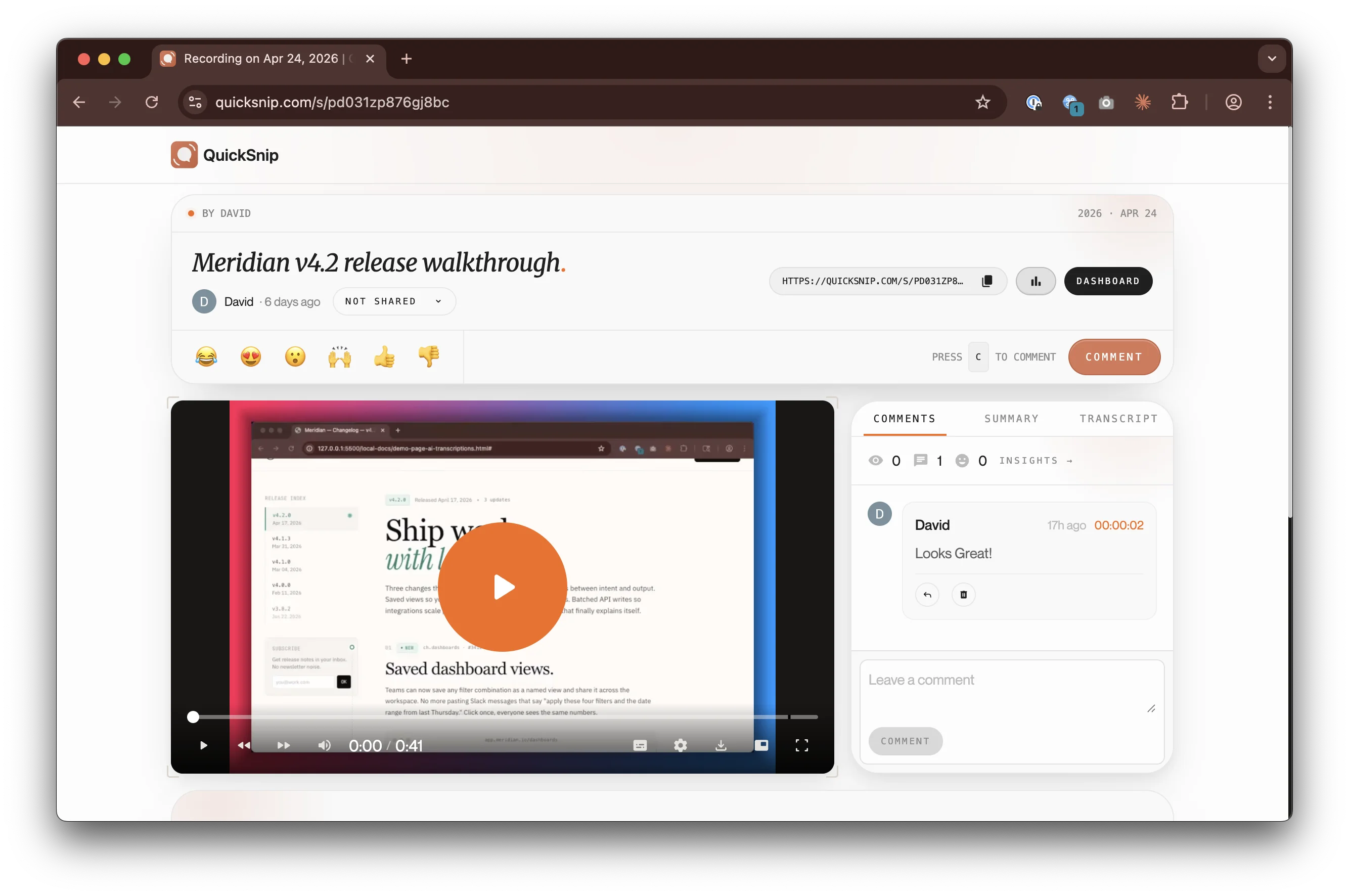 QuickSnip share page with the recording, AI generated transcript on the right, and the instant share link