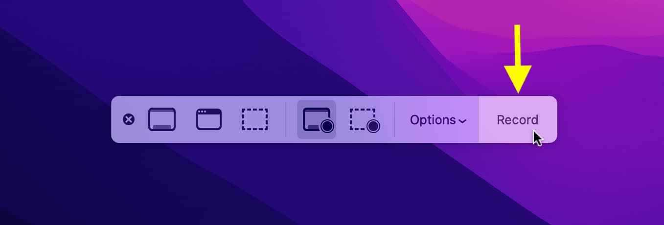 macOS Screenshot toolbar close-up showing recording mode icons and Record button