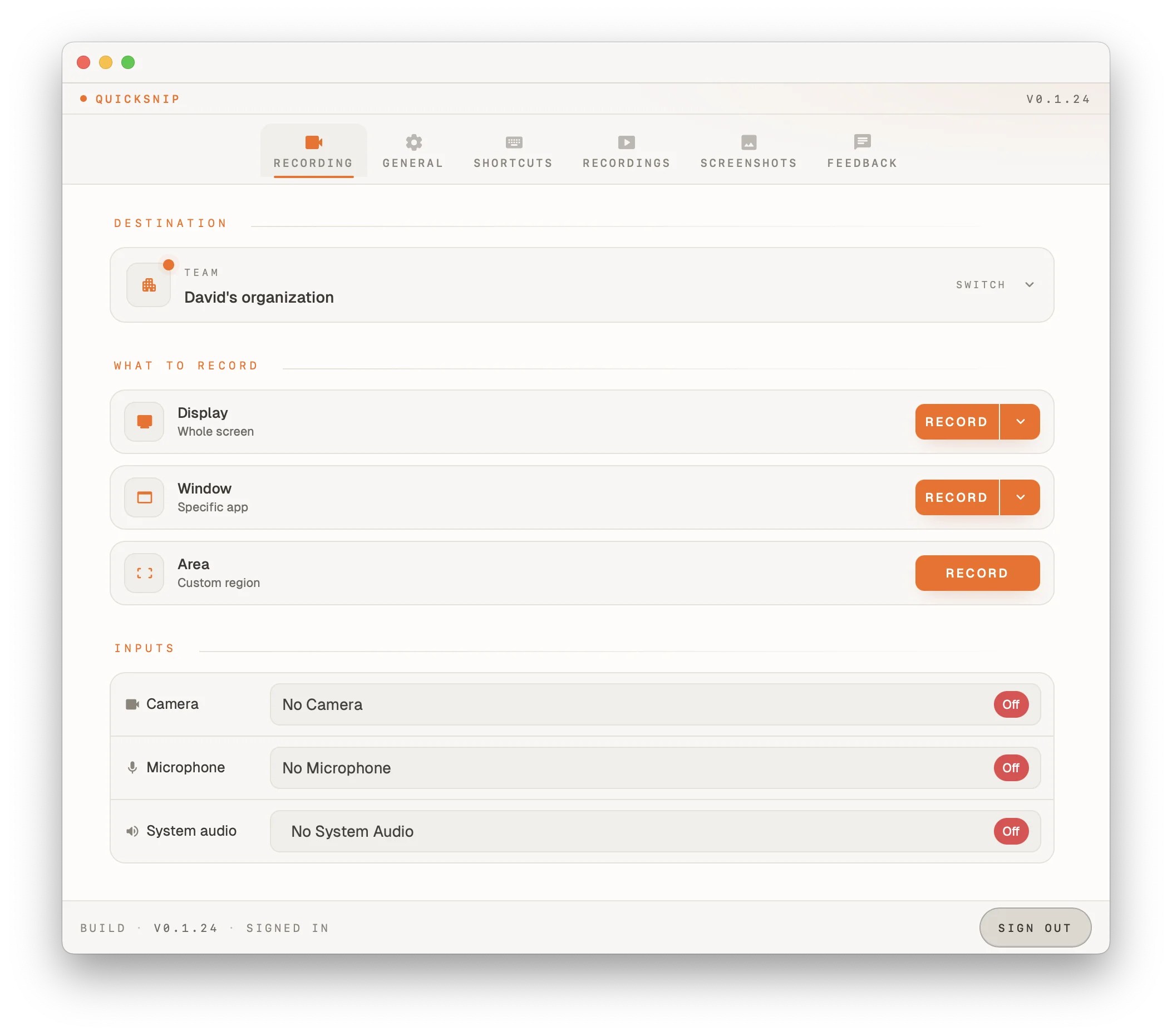 QuickSnip recording panel with display, window, and area capture options