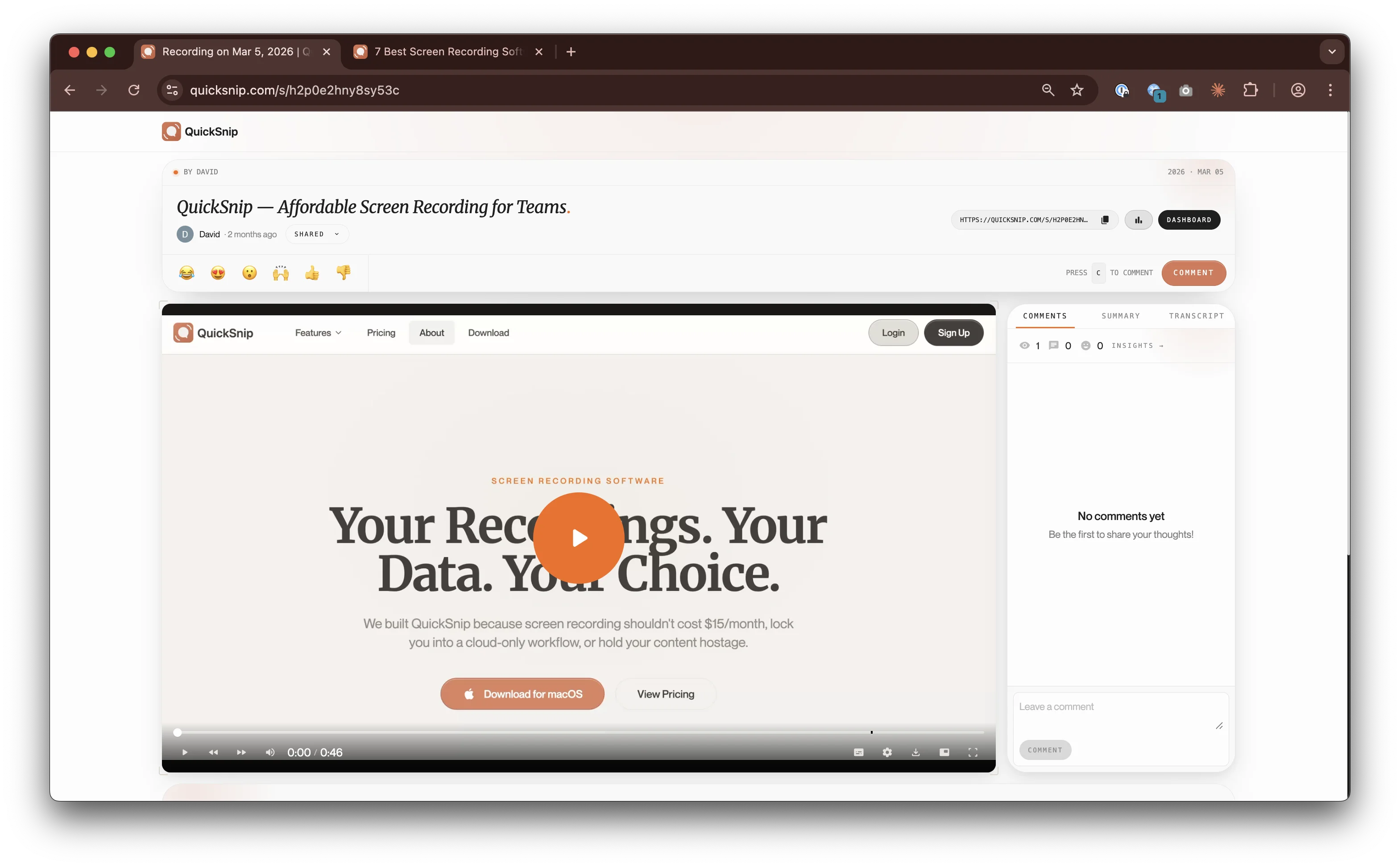 QuickSnip share page with instant link and AI-generated captions