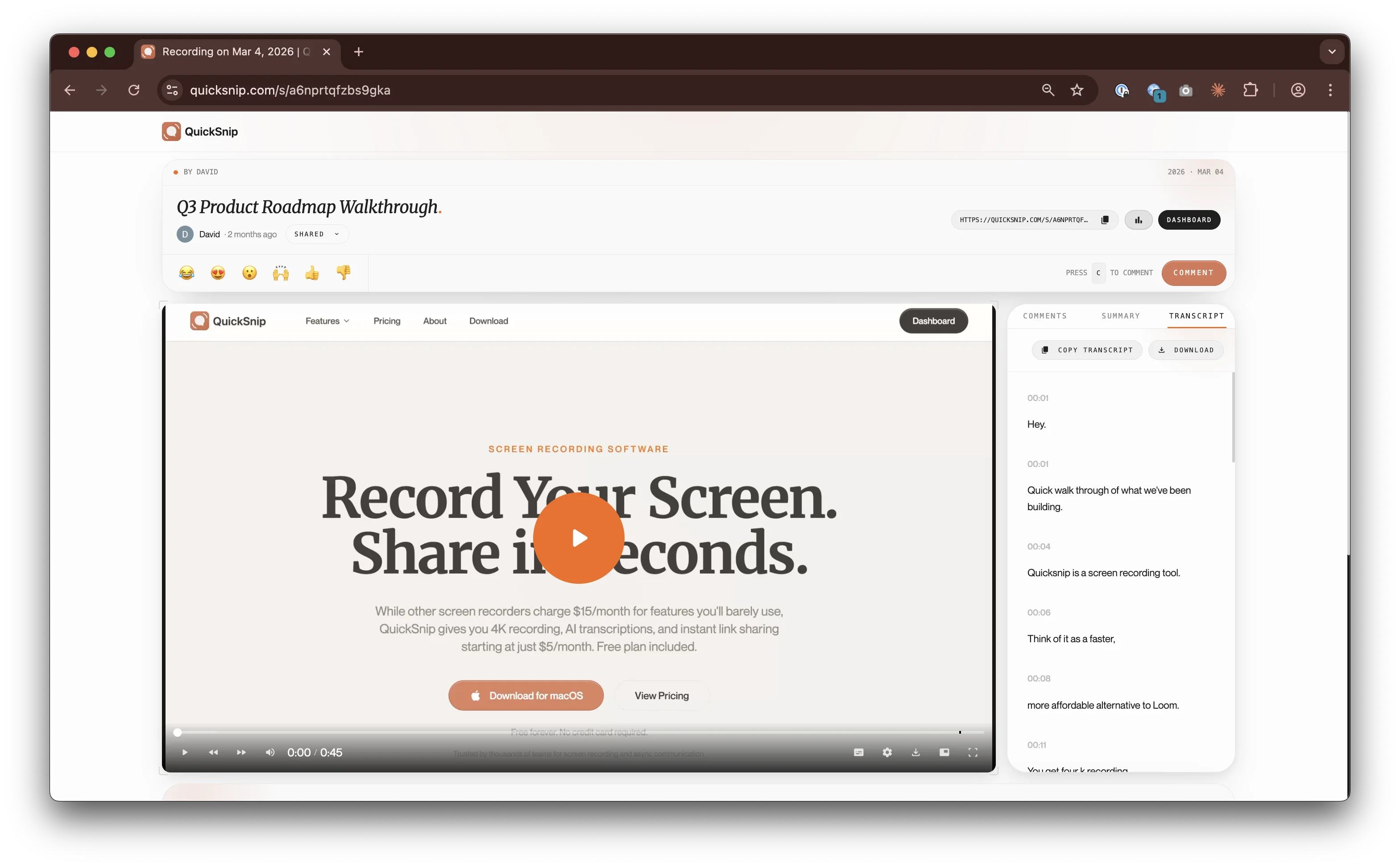 QuickSnip AI-generated captions and searchable transcript